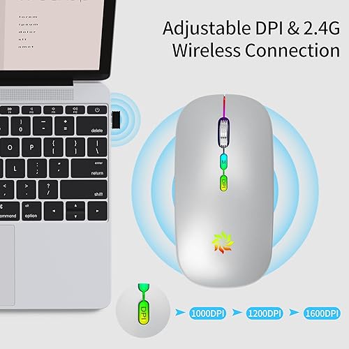 Miniatura 2 de KBCASE Mouse inalámbrico, mouse inalámbrico LED para laptop, mouse delgado y silencioso 2.4G recargable inalámbrico para computadora portátil,