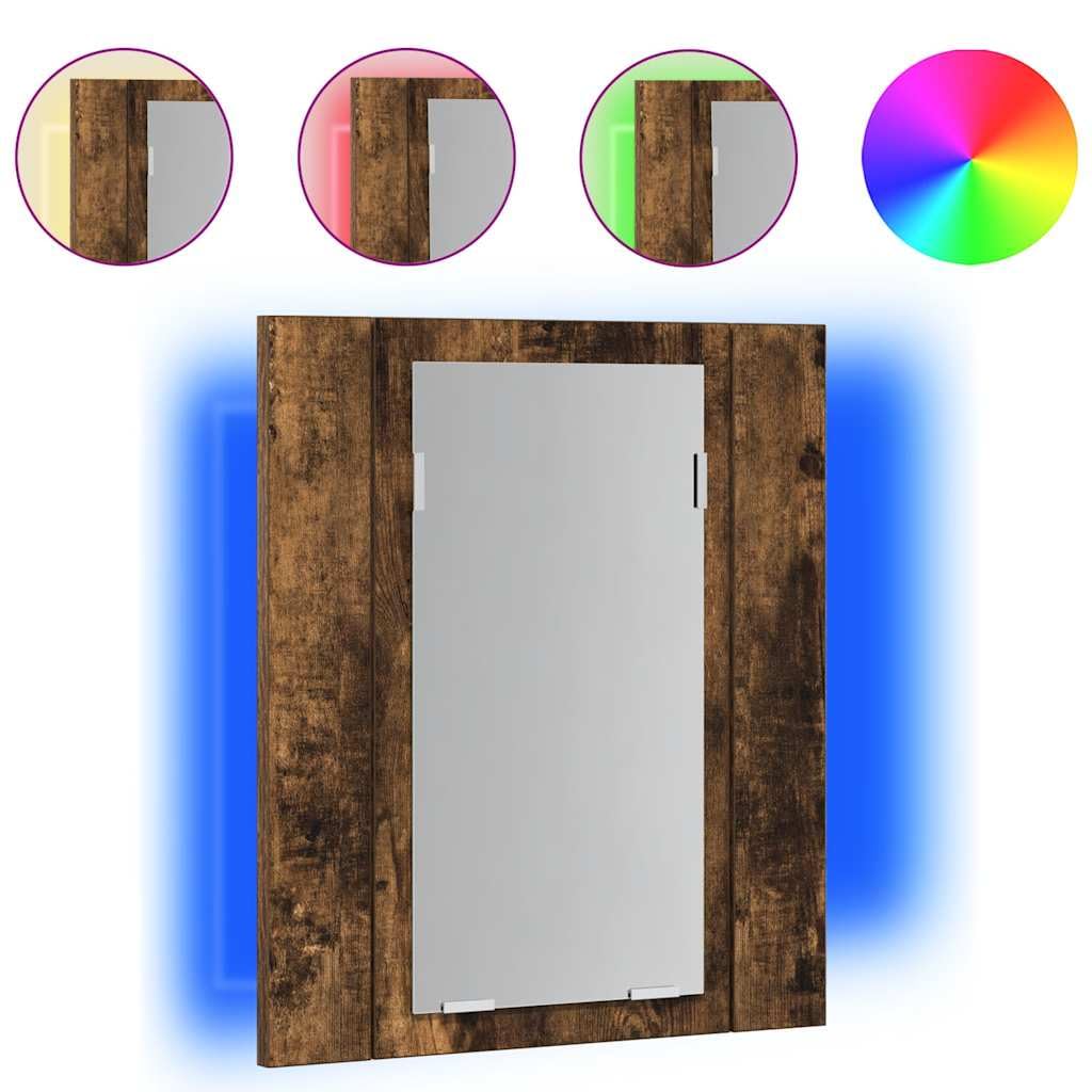 Armario LED con espejo de baño, 40 x 12 x 45 cm, material de madera de roble ahumado, iluminación RGB, carga USB, solución de almacenamiento para ahorrar espacio.