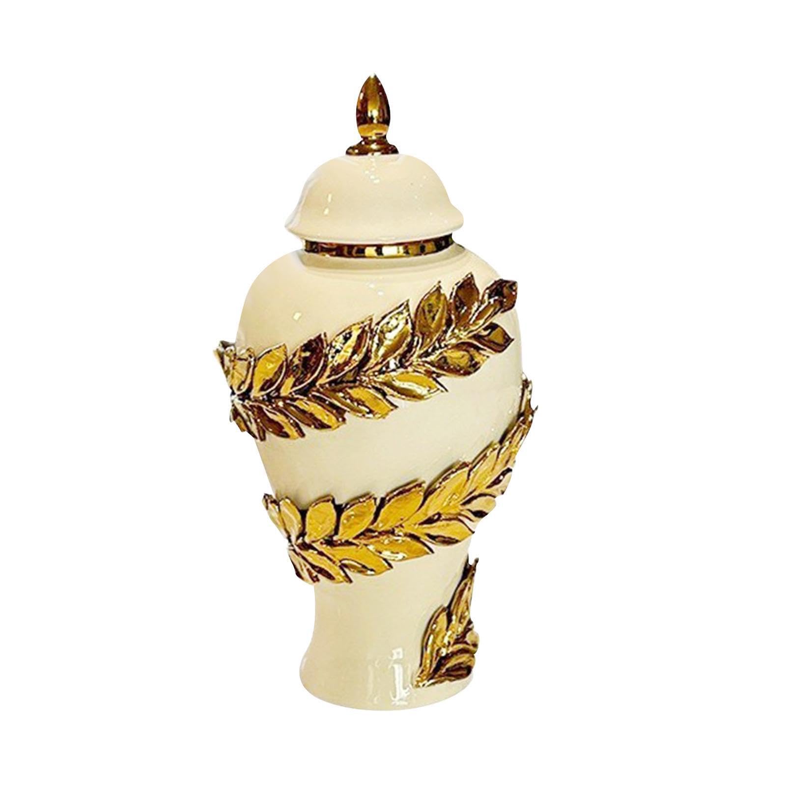 TWISAXC Porcelain Ginger Jar Temple Jars For Tea Canister Or Desktop Organization. Classic And Elegant Golden Flower Petals Vine And White Glaze Porcelain
