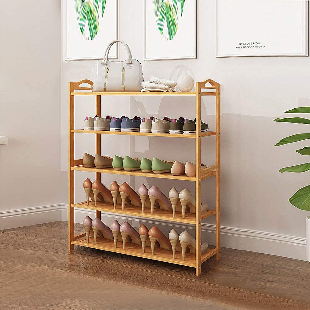 5 Tier Bamboo Shoe Rack,Adjustable Shoe Storage Rack,Space Saving Shoe Organizer Shelf Hold up to 20 Pairs of Shoes,Sturdy,Easy Assemble and No Tools Required,80 x 25 x 87 cm