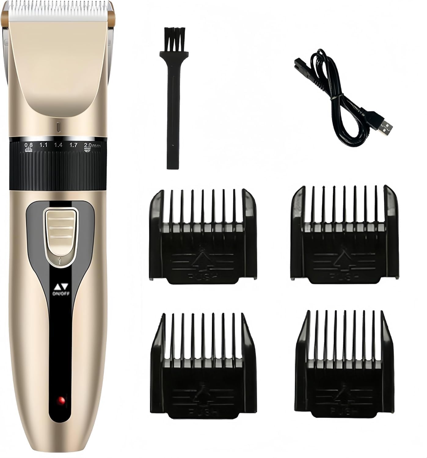 防水 USB充電式 電動バリカン ヘアカッター、ゴールド、5段階調整可能、低騒音、コードレス、4種類コーム付属（3mm/6mm/9mm/12mm）、プロ仕様、メンズ・子供・家庭・業務用