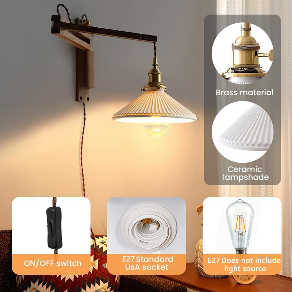 AoLa Holz Wandlampe E27 Innen Schwenkarm Wandleuchte mit Schalter und Stecker vintage Industriell Nachttischlampe mit Kabel Einstellbar Langer Arm, Keramik Lampenschirm Leselampe