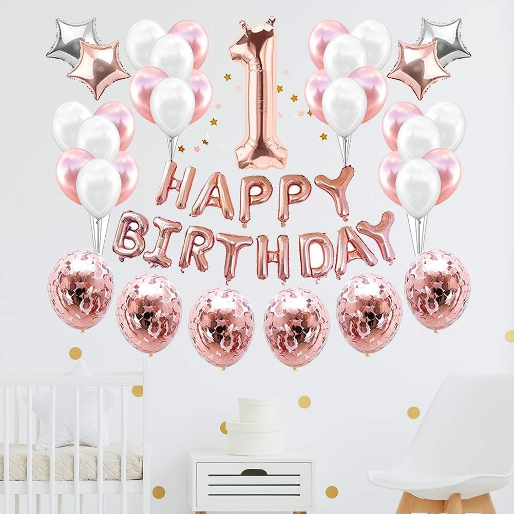 1st Birthday Decoration Set, Great for 1st Birthday Party Supplies and Rose Gold Party Decorations Includes Rose Gold Confetti Balloons Birthday Banner Star Garland-1st