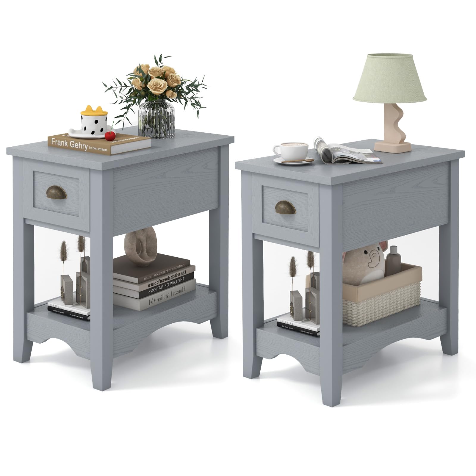COSTWAY Slim Sofa Side Table, Wooden Nightstand Bedside End Table with Drawer, Storage Shelf & Solid Rubber Wood Legs, Narrow Accent Tea Table for Living Room Bedroom Office, 56x33x59cm (2, Grey)