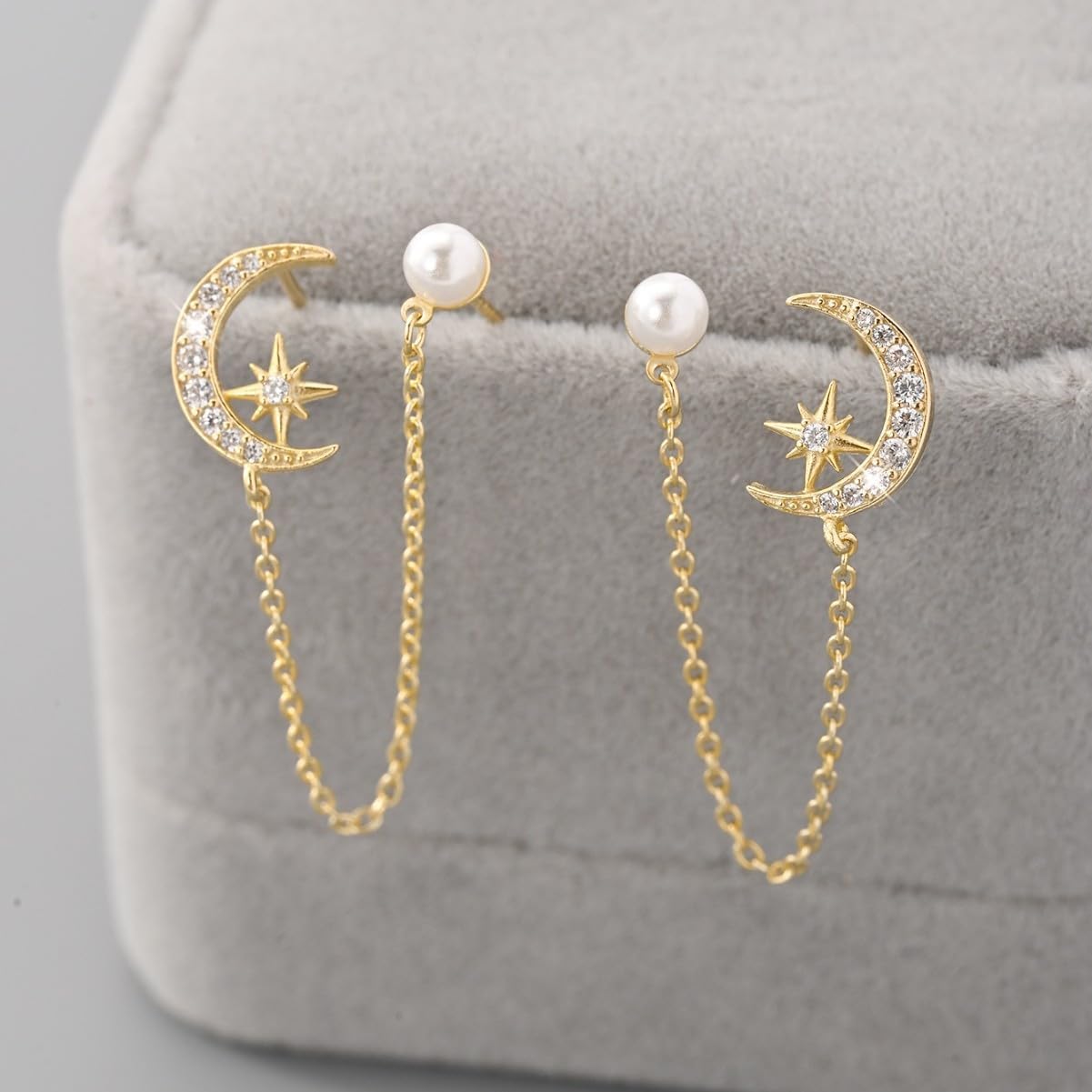 Moon Star CZ Chain Earrings for Women,925 Sterling Silver Double Piercing Dangle Chains Earrings to Daughter 14K Gold Plated Climbers Crawler Tassel Stud Earrings Valentines Day Gifts Jewelry - Image 7