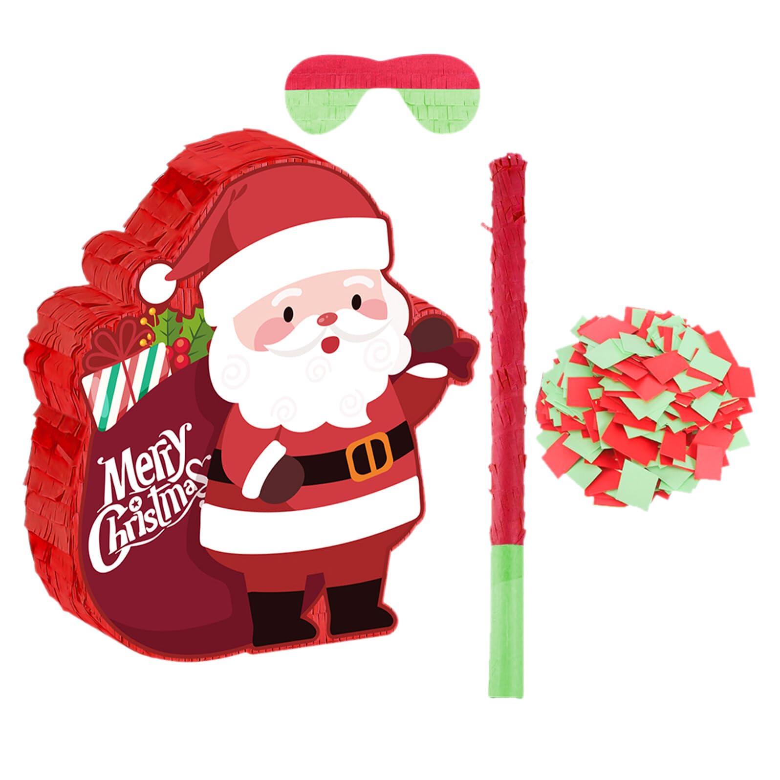 Housoutil Weihnachtspiñata 37cm Großzügig Rote Befüllbare Weihnachtsmann Piñata mit Stiel und Augenbinde Partyzubehör für Familienfeiern und Weihnachtsfeste