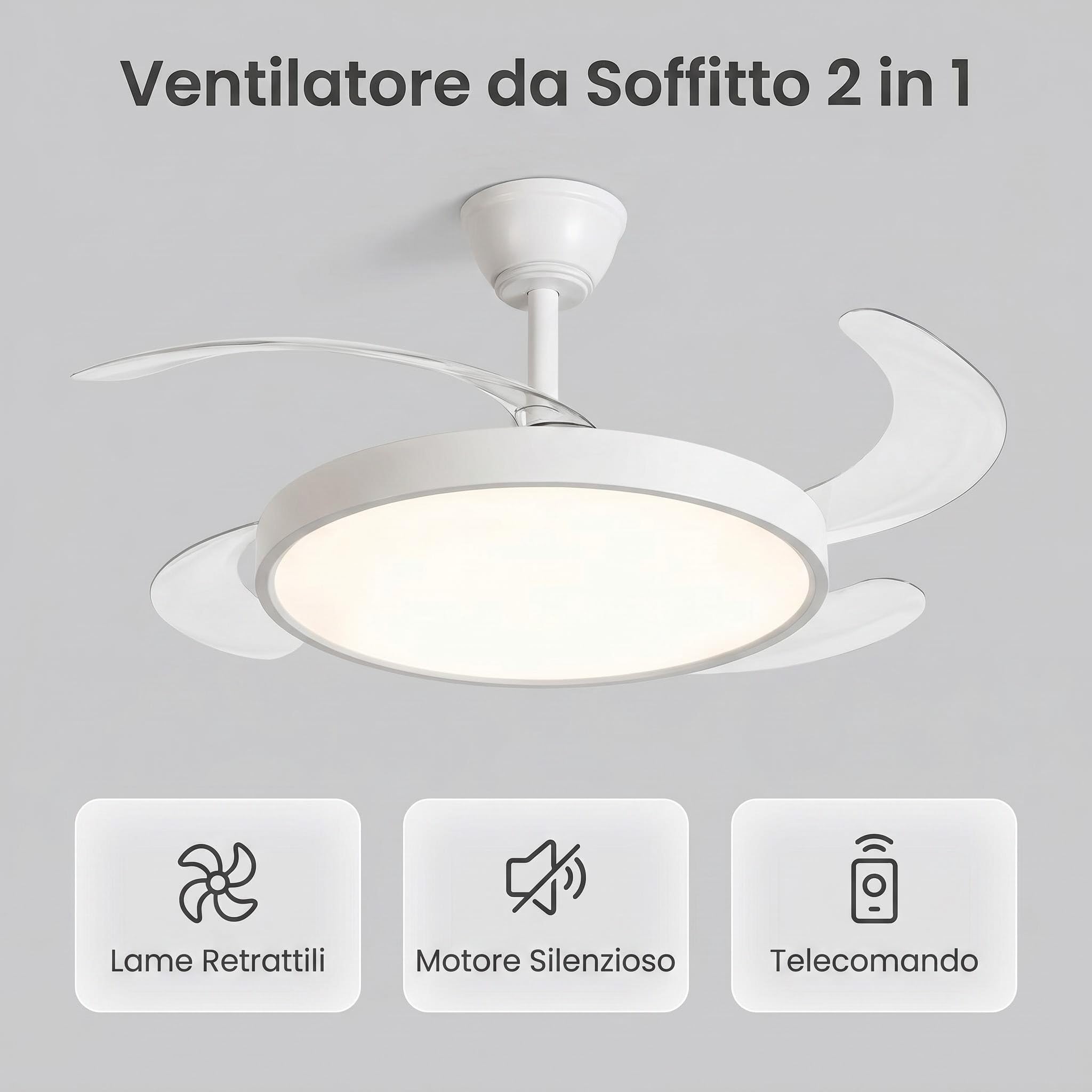 Ventilatore da Soffitto con Luce LED 40W e Pale Retrattili Ø107 cm | Motore DC Silenzioso 30W | CCT 3000K 4000K 6500K | Telecomando e Memoria | Bianco