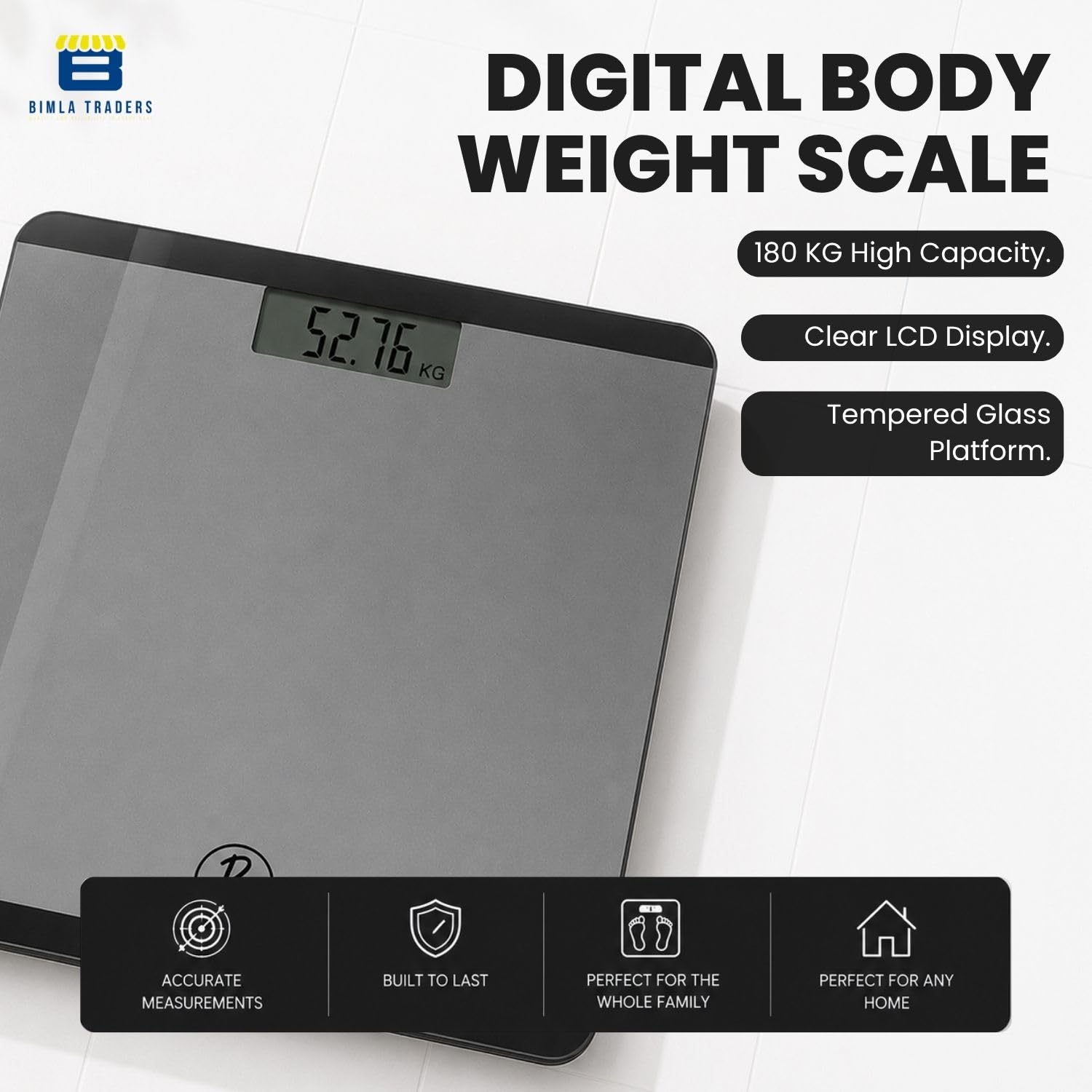 Btag Premium Digital Body Weight Scale | 26Γ26 cm Wide Platform | Clear LCD Display | Anti-Skid Base | 180 kg Capacity Block Design (Black)