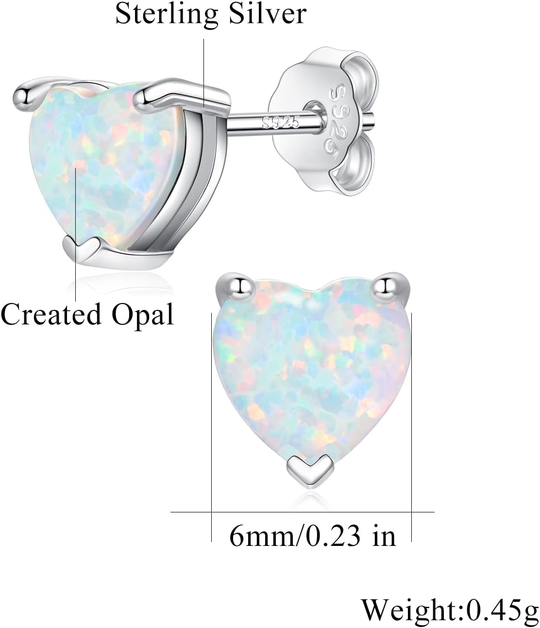 CiNily 925 Sterling Silver Stud Earrings for Women Teen, Heart Opal Stud Earrings, Dainty Cartilage Small Studs for Men, Heart Birthstone Earrings Lightweight Opal Jewelry for Mothers Day Birthday