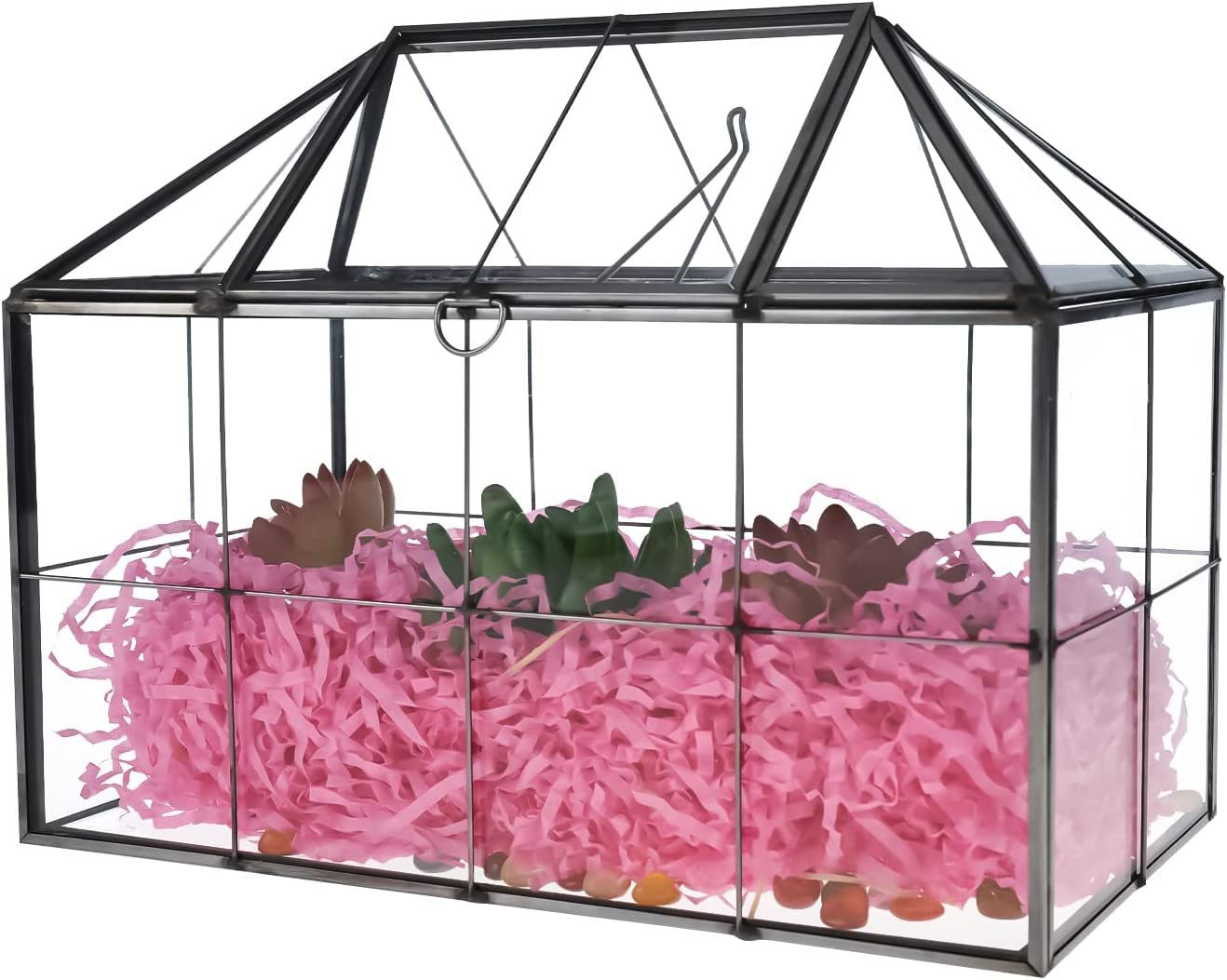 Homtone Grand Terrarium géométrique de 23 cm, boîte en Verre Faite à la Main, Pot de Fleurs Miniature Vintage pour Plantes Grasses, Cactus, Plantes aériennes (Forme de Maison Noire)