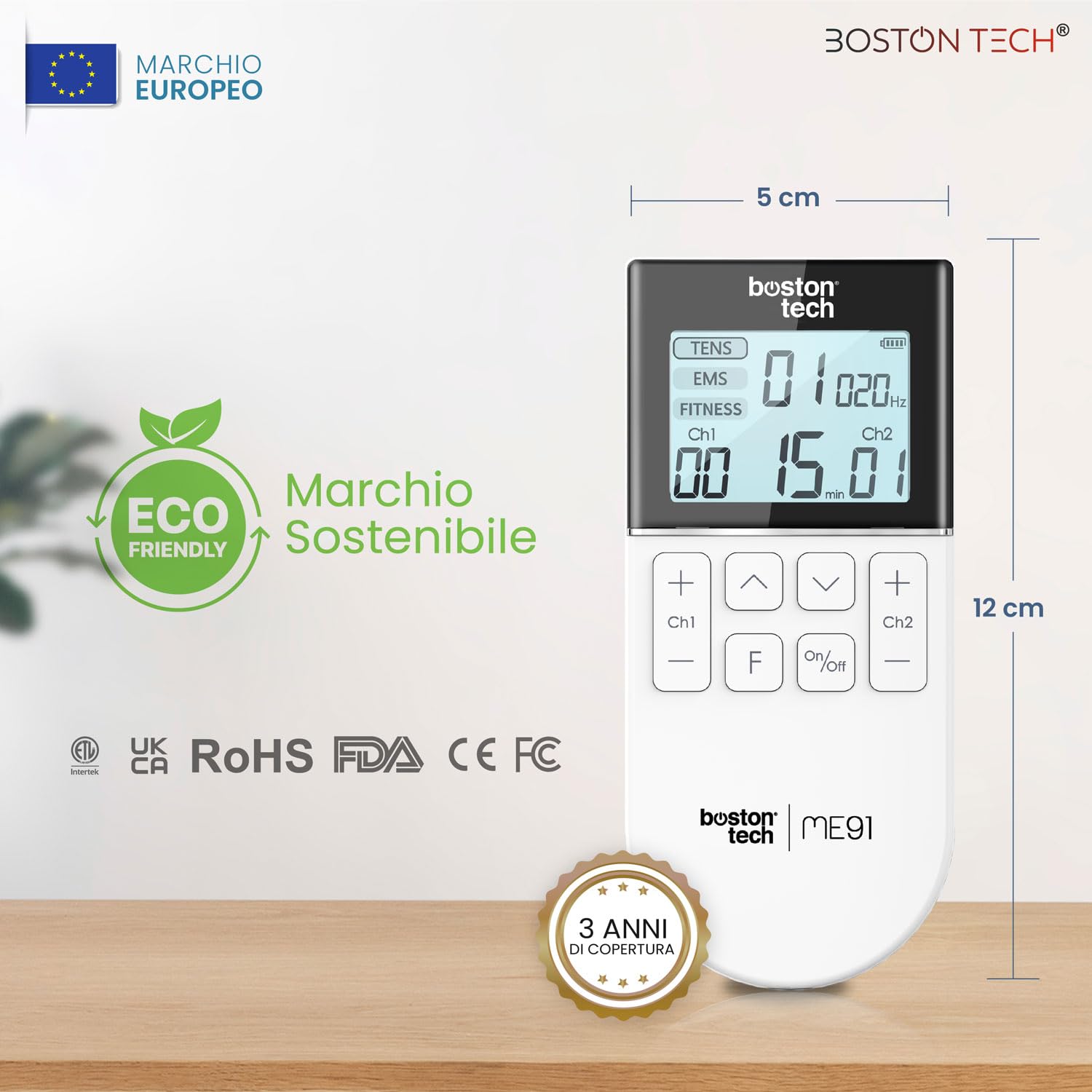 Boston Tech® Elettrostimolatore Muscolare | 3 in 1: TENS EMS Fitness | Sollievo Efficace dal Dolore + Allenamento | 2 Canali + 50 modalità + 16 Livelli di Intensità + Include Custodia + 4 Elettrodi