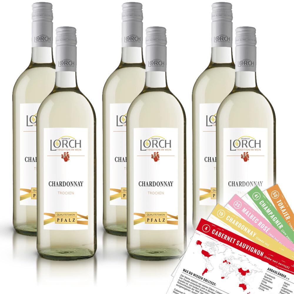 Lorch Chardonnay QbA, trocken, sortenreines Weinpaket + VINOX Winecards (6x1,0l)
