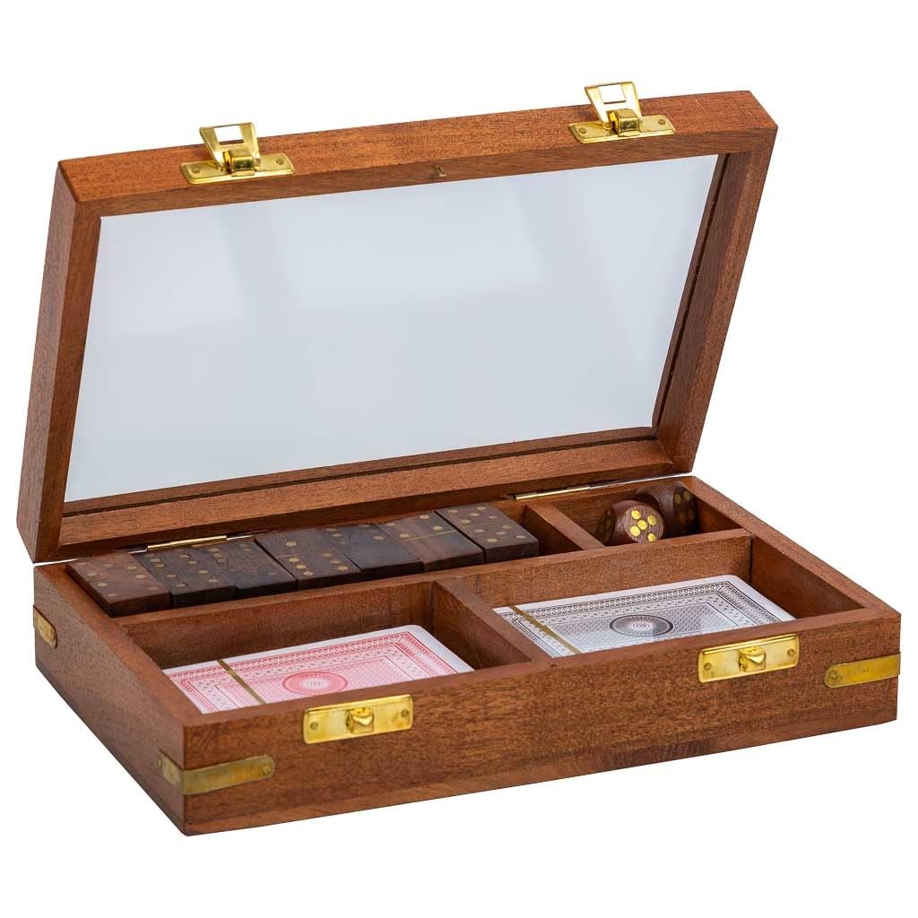 Juego 3/1 (dados+Dominó+cartas) en caja de madera marrón 15.5x12.75x5