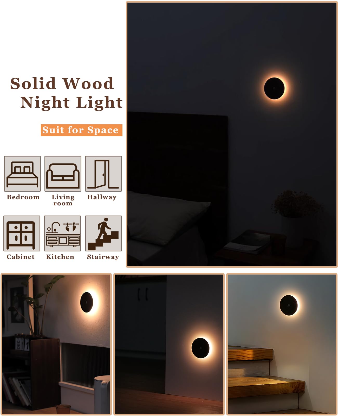 Vadifula Motion Sensor Night Light Wood Rechargeable Battery Powered Stick-On Step Lights Magnetic Closet Warm Nightlight for Hallway — view 7