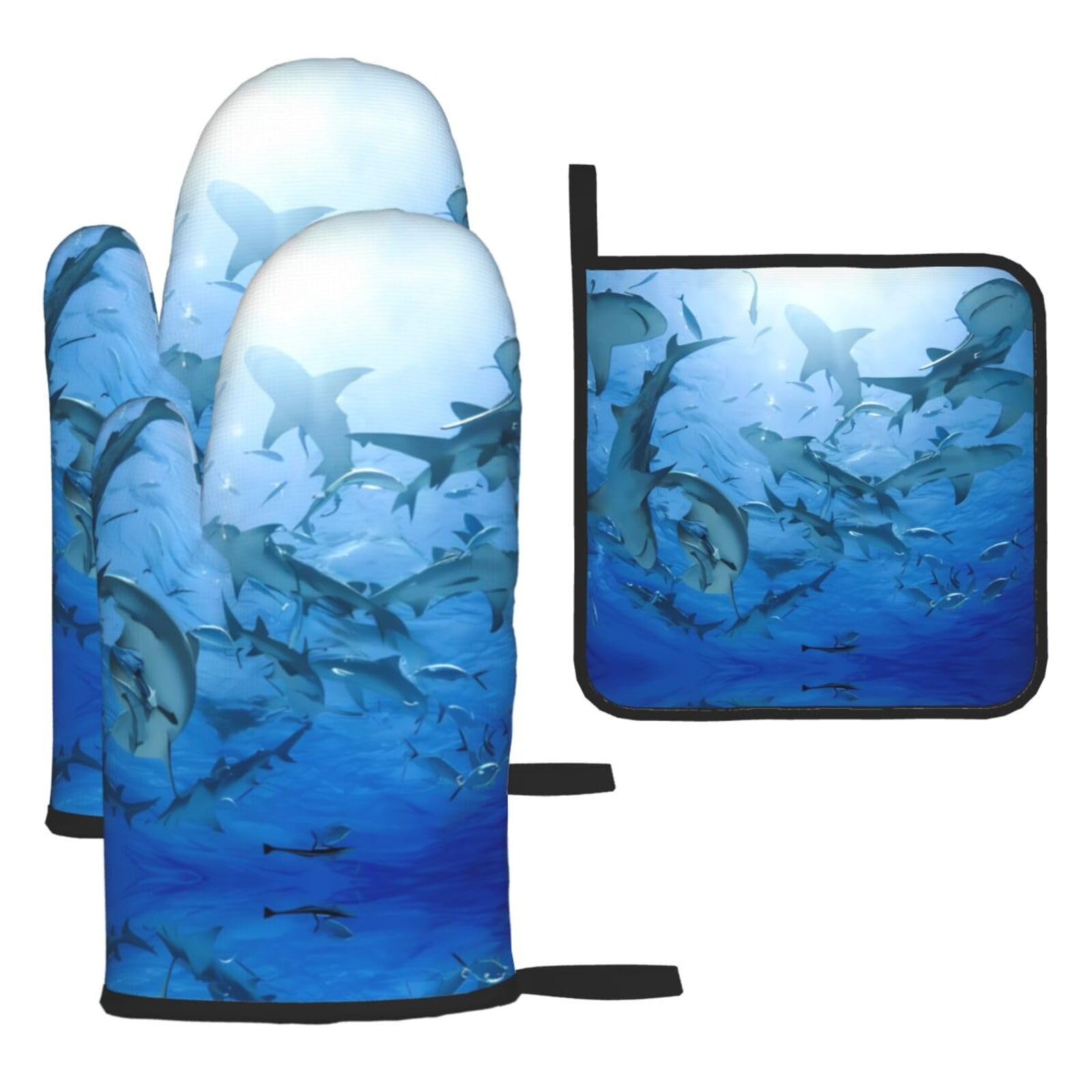 Ocean Animal Shark Printed Kitchen Oven Mitt Set 3-Piece Heat Resistant Gloves with Pot Holder Mat for Cooking Baking BBQ