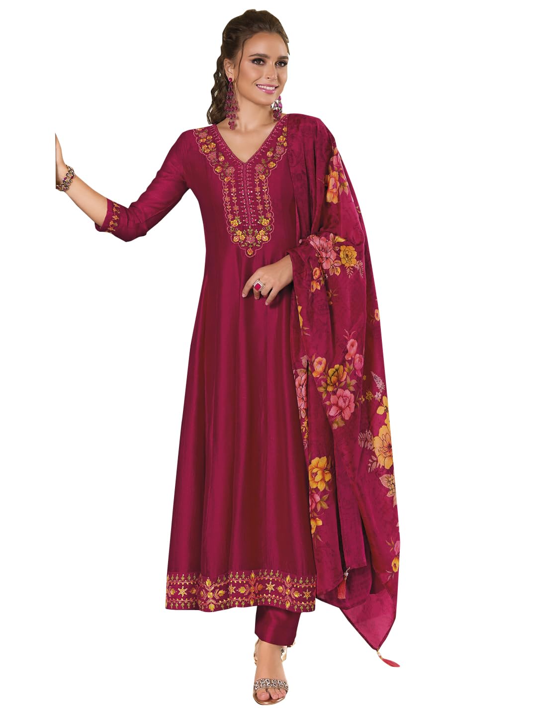 VredeVogel Women's Vichitra Silk Embroidered Kurta Pant Set with Digital Print Dupatta