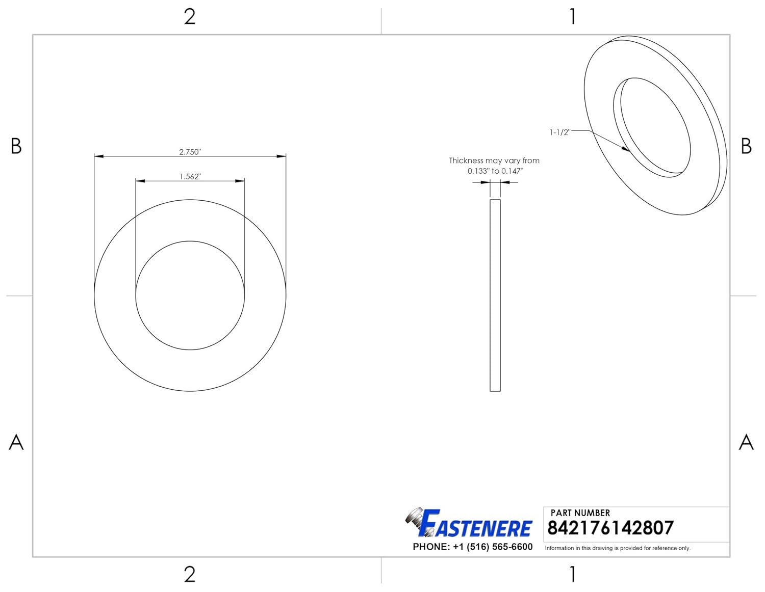 1-1/2" Flat Washers Commercial Standard, Stainless Steel 18-8, Plain Finish, Quantity 250 by Fastenere