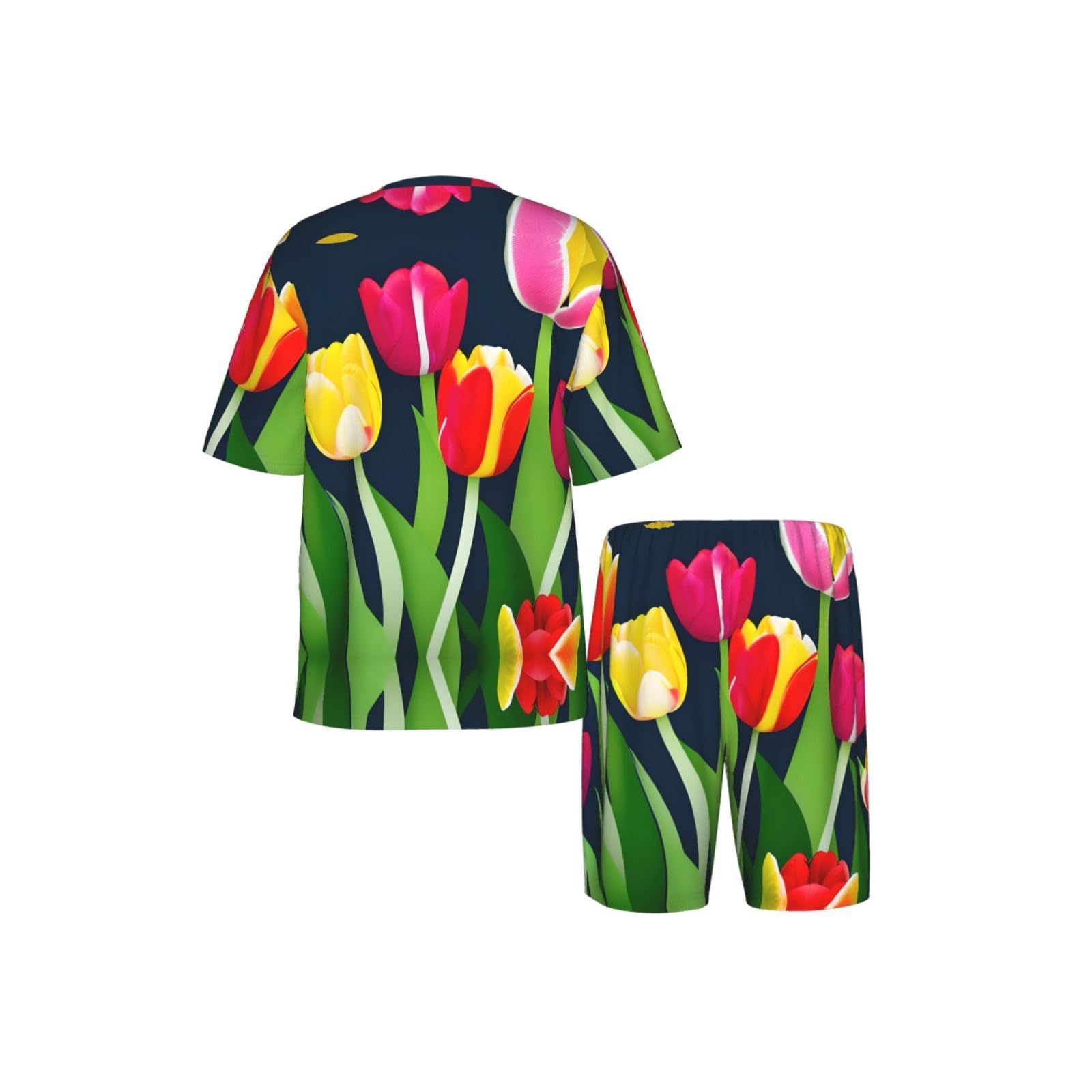 Set pigiama classico da uomo con stampa a tulipani colorati, pantaloncini morbidi da uomo, perfetti per le notti estive