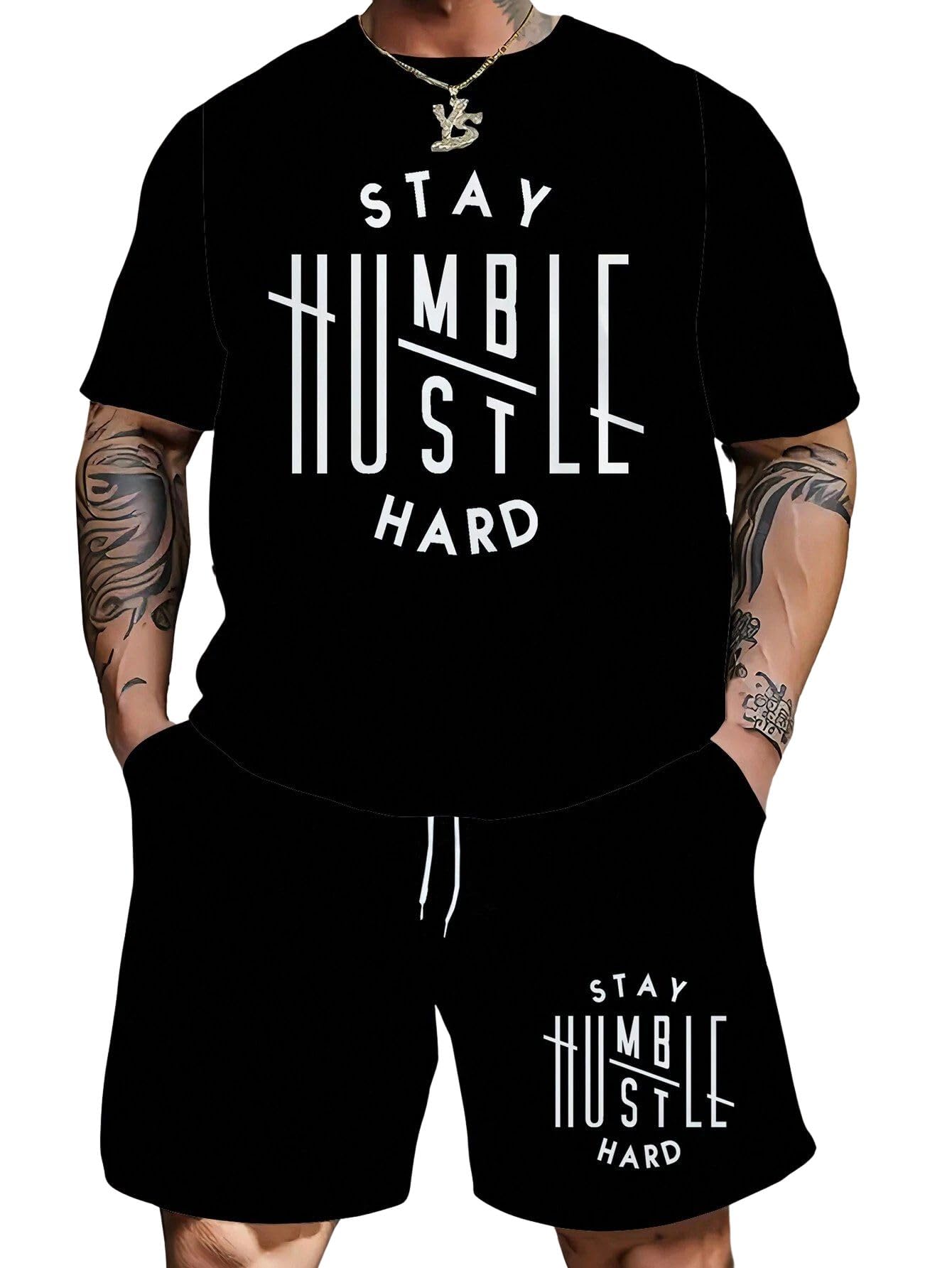 Men's 'Stay Humble Hustle Hard' Graphic T-Shirt and Shorts Set, Black, Casual Streetwear 2-Piece Outfit-image-24
