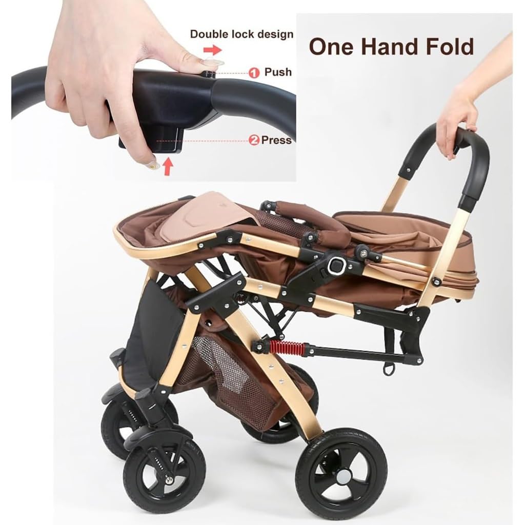 WIGSELBL Zwillings-Kinderwagen, Doppel-Kinderwagen, Kleinkind-Kinderwagen for Zwillinge nebeneinander, Faltbarer Doppelsitz-Tandem-Kinderwagen, wendbar, leicht zusammenklappbar (Color : Khaki)