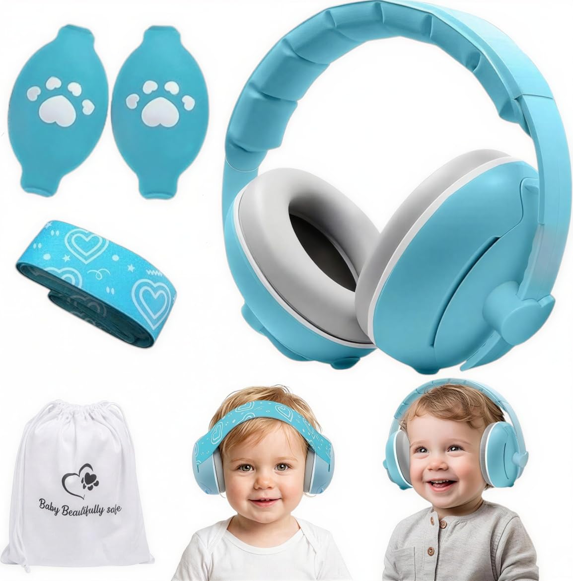NAYEZH 2-in-1 Noise Reduction Baby Ear Defenders for 0-48 Months, Infant Hearing Protection Earmuffs for Sleep & Plane Trip, Blue
