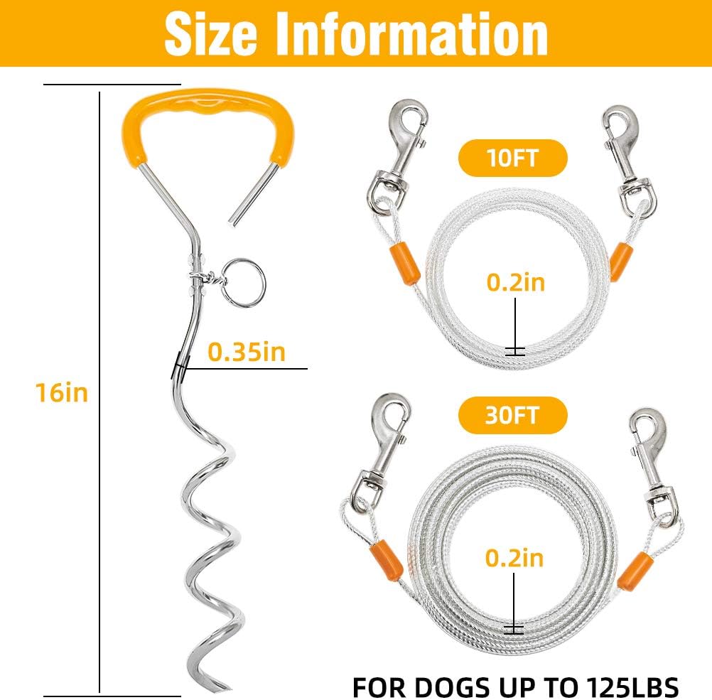 EXPAWLORER Dog Tie Out Cable and Stake - 3 Pack 30ft + 10ft Escape Proof Reflective Steel Wire Ropes and Anti-Rust Spiral Ground Anchor
