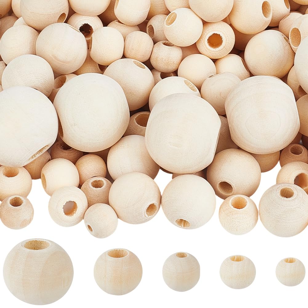 PONABEADIY 1 Box 400PCS 5 Sizes Natural Unfinished Wooden Beads with Large Hole Round Macrame Wood White European Spacer Loose Bead Bulk for Jewellery Making Home Wall Hanging Decoration DIY Crafts โ image 1
