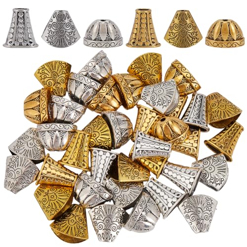 SOFPLATE 1 Box 48Pcs Cone Bead Caps Silver Bead End Caps Bulk Alloy Textured Tibetan Style Flower Stoppers Small Bead Caps for Jewelry Making Necklaces Bracelets Earrings Supplies DIY Crafts Beginner