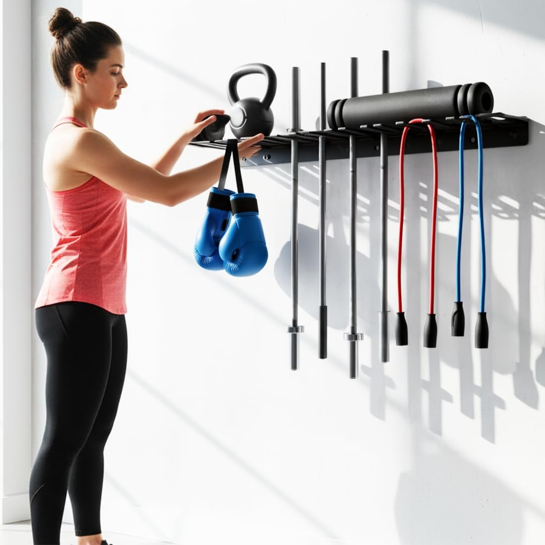 33" Wall Mount Barbell Storage & Tool Rack, 10L8S Slots Heavy Duty Organizer, 350LBS Load 4MM Steel 5MM EVA for Garage Home Gym.