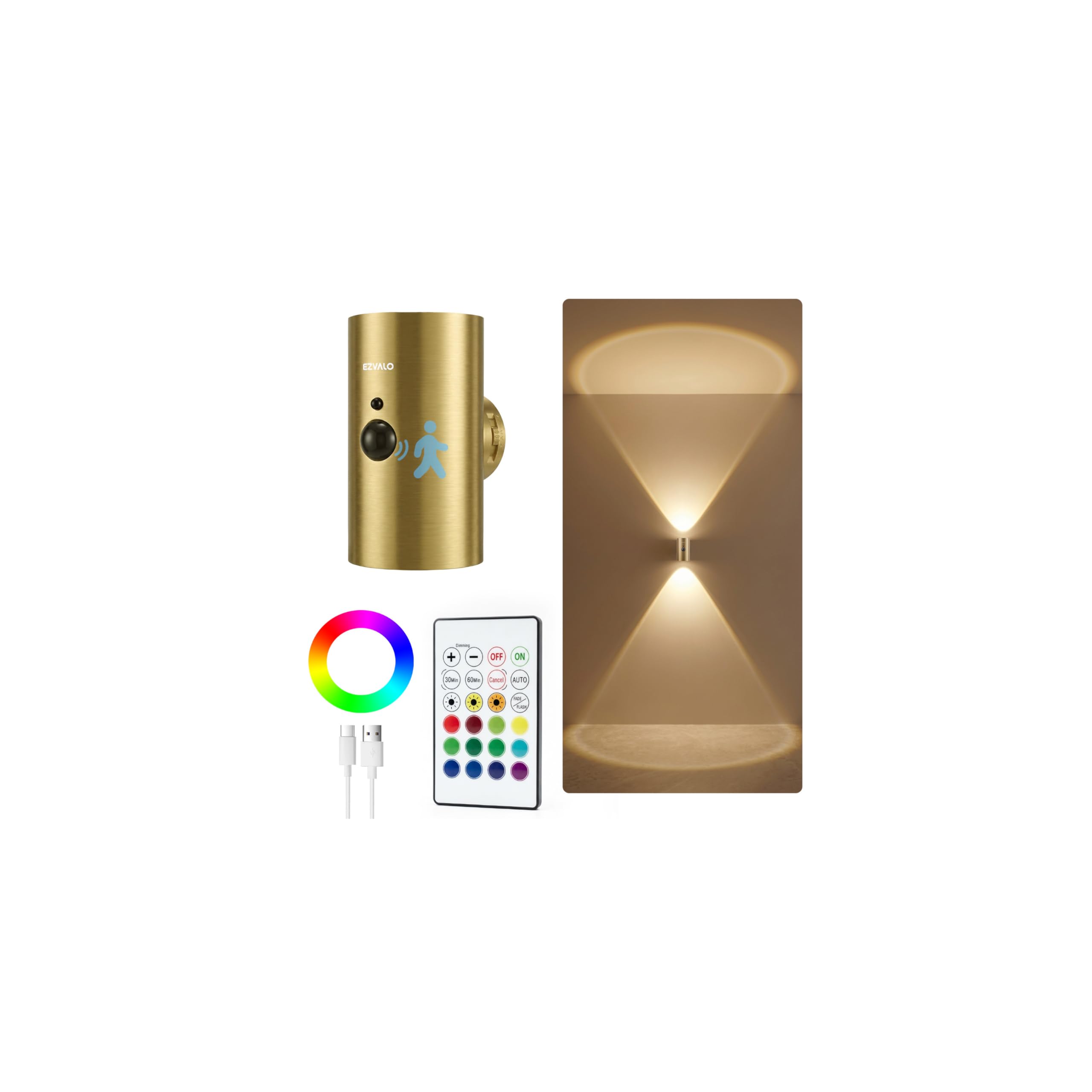 EZVALO Motion Sensor Wall Lights, 4000mAh Rechargeable Battery LED Wall Lights, 3 CCT & 12 RGB with Remote Control, Cordless Lamp for Hallway Stairway Bedroom (1, Gold)