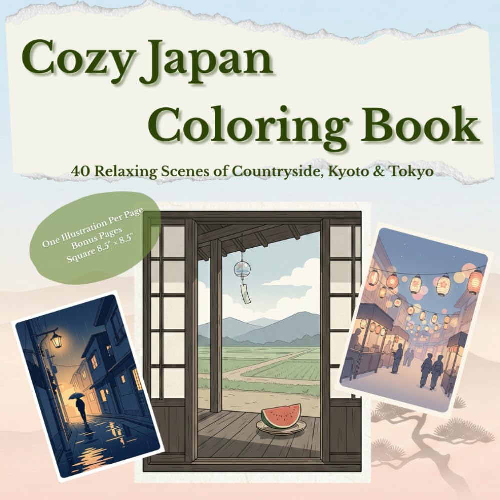 Cozy Japan Coloring Book: 40 Relaxing Scenes of Countryside, Kyoto & Tokyo