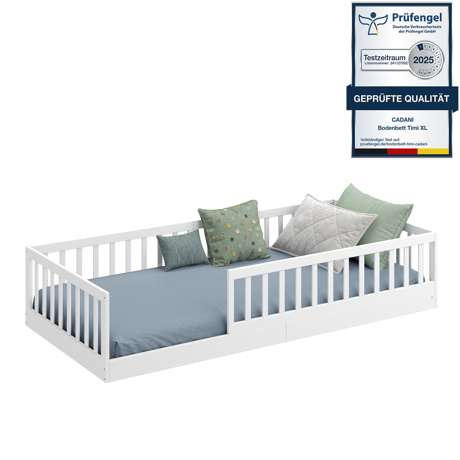 CADANI Timi Bodenbett 90x200 cm, bis 200 kg belastbar, Rausfallschutz abnehmbar, Montessori Kinderbett aus Kiefer Massivholz inkl. Roll-Lattenrost, Weiss