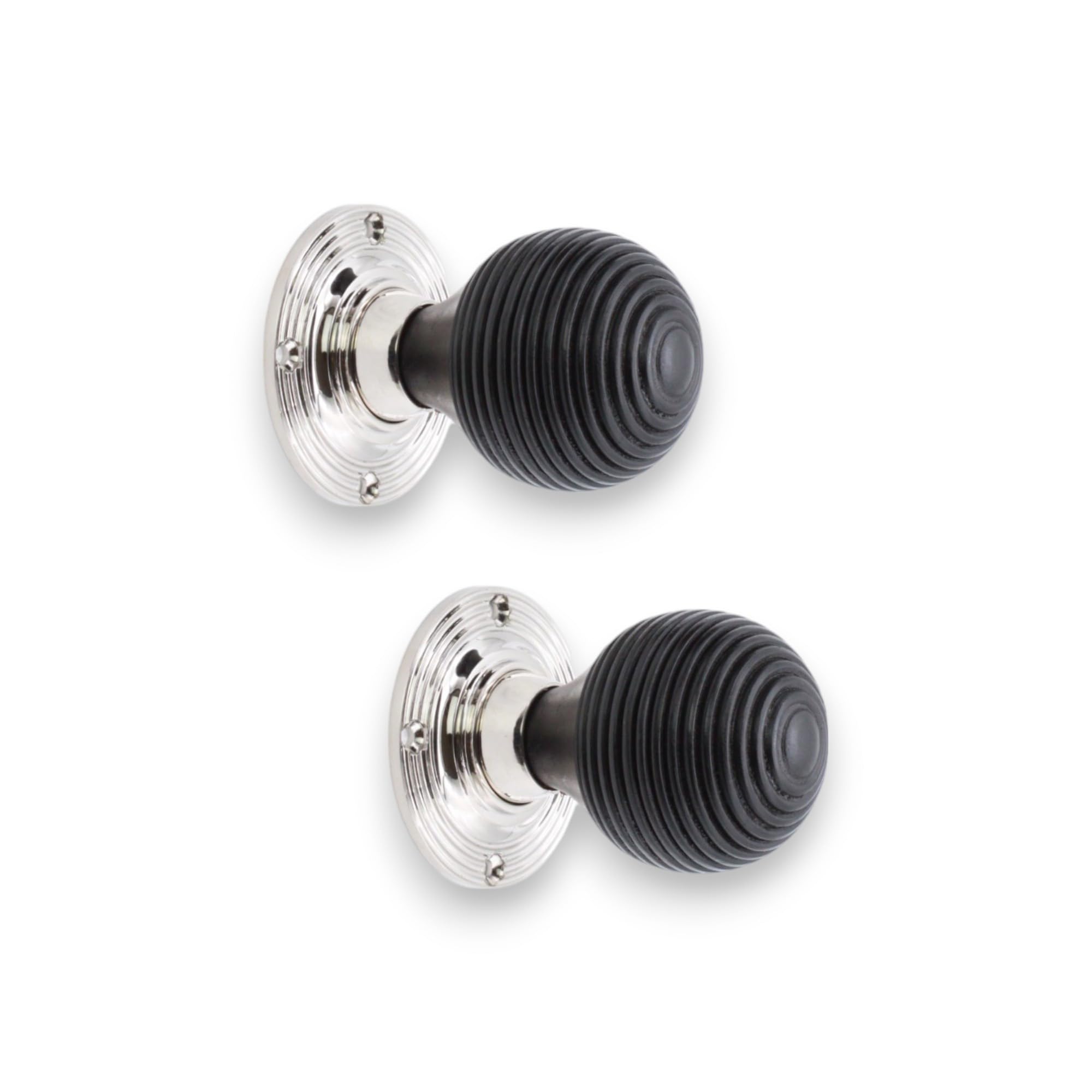 Infinity Decor Pair of Ebonised Wood Beehive Mortice Rim Door Knobs Set 55mm Wooden Handles – Suitable for Interior & Exterior Doors (Polished Nickel)