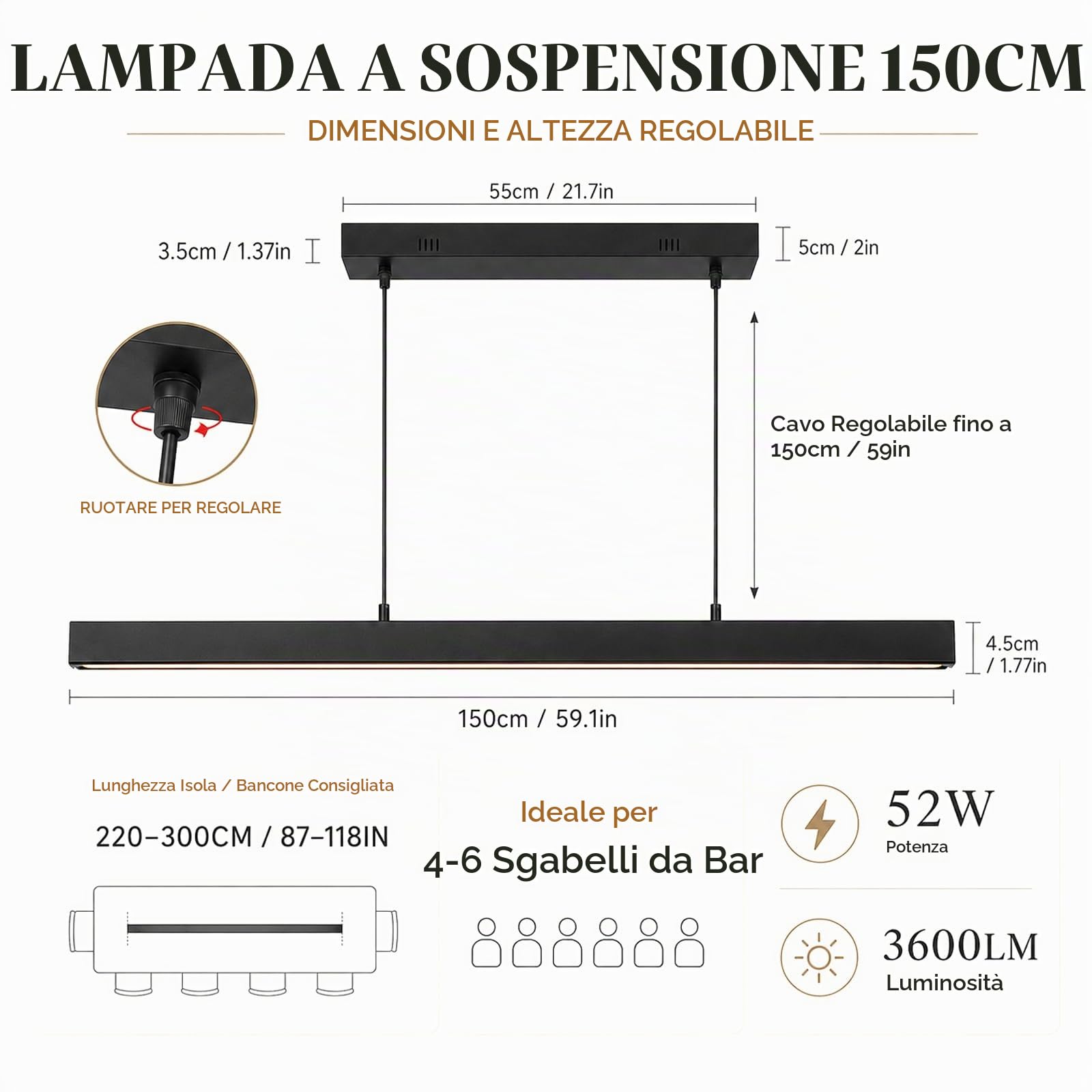 Lampadario LED Sala da Pranzo, Effetto Legno, Telecomando & App, Nero,150CM | Design Lineare, 3 Colori di Luce, Dimmerabile, Altezza Regolabile, 52W/3600lm, Sala da Pranzo, Cucina, Soggiorno, Ufficio