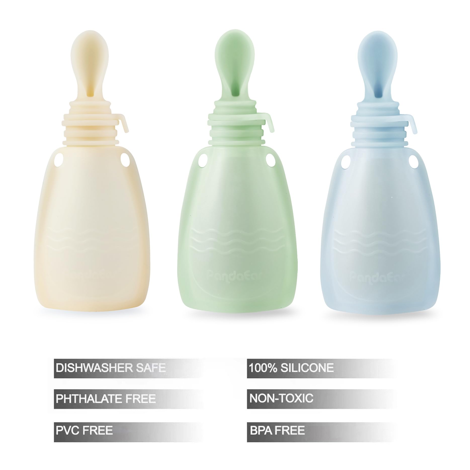 PandaEar Lot de 3 Gourdes Bébé en Silicone Réutilisables avec 3 Cuillères à Purée, Poches à Presser Sans BPA pour Nourrissons et Tout-Petits, 150 ml (Beige, Bleu et Vert)