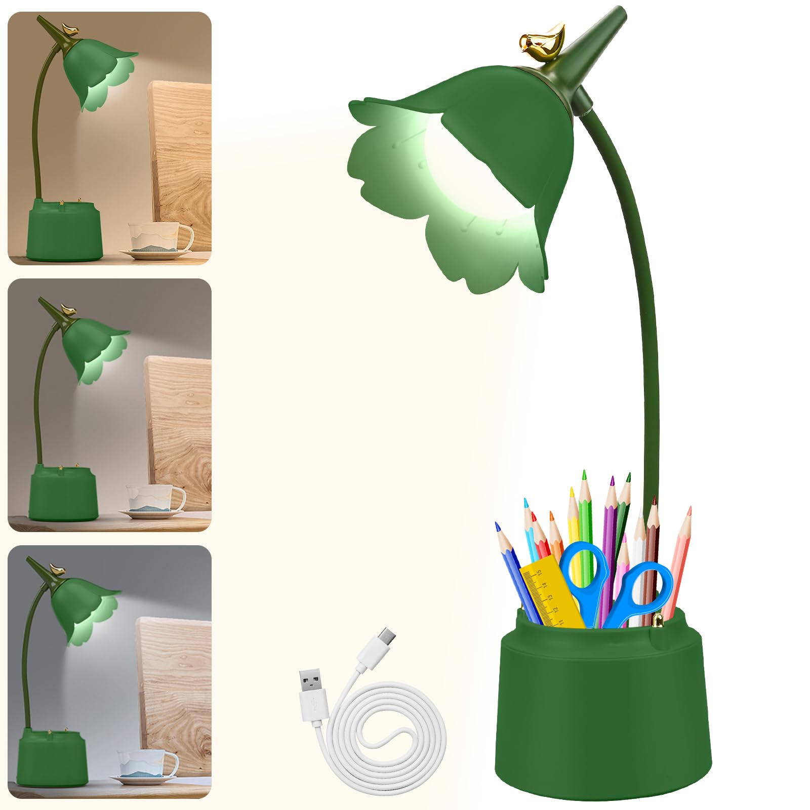 Schreibtischlampe Kinder mit Stifthalter, Dimmbare LED Nachttischlampe 3 Farbtemperaturen, Tischlampe mit 360° Flexibel Arm Schwanenhal, Wiederaufladbare Schreibtischlampe für Lesen, Lernen (Grün)