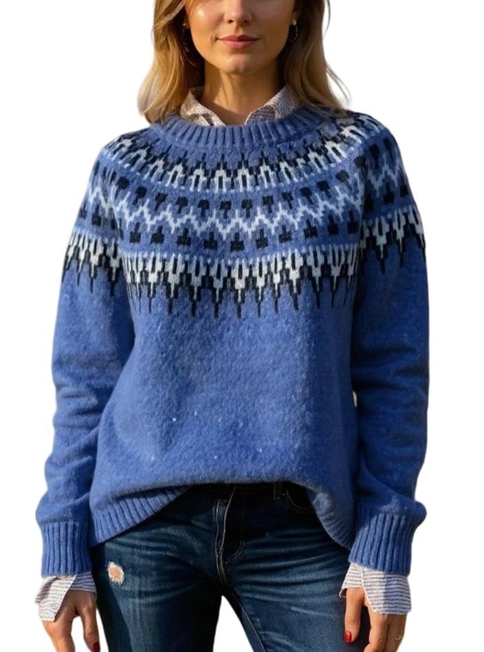 Womens Fair Isle Sweaters Vintage Crewneck Long Sleeve Knit Tops Casual Cozy Norwegian Icelandic Knitted Pullovers for Women