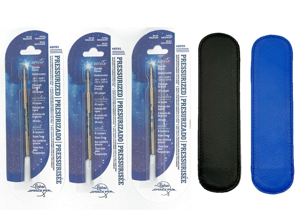 Pack of 3 Fisher Space Pen Medium Point Ink Refills with a Free LPC DIRECT Leather Pen Pouch (Blue)