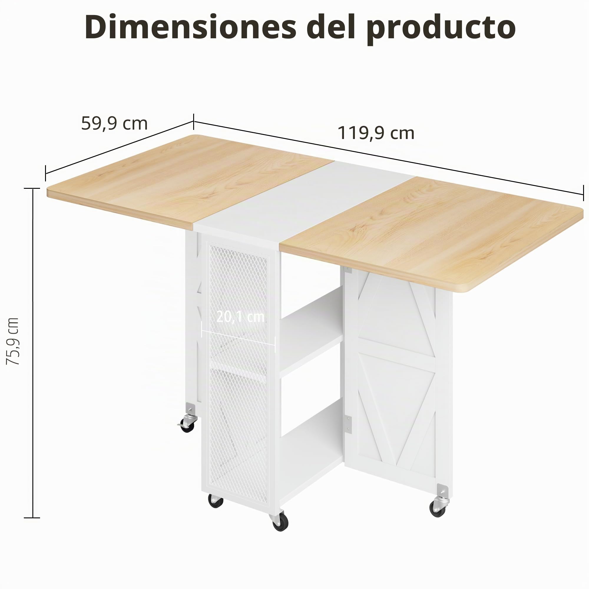 Jocoevol Mesa Plegable con Ruedas, para 2-4 Personas, con Estante y Doble Estante Abierto, Ahorra Espacio en Cocina y Comedor, 120x60x76 cm, Color Arce y Blanco
