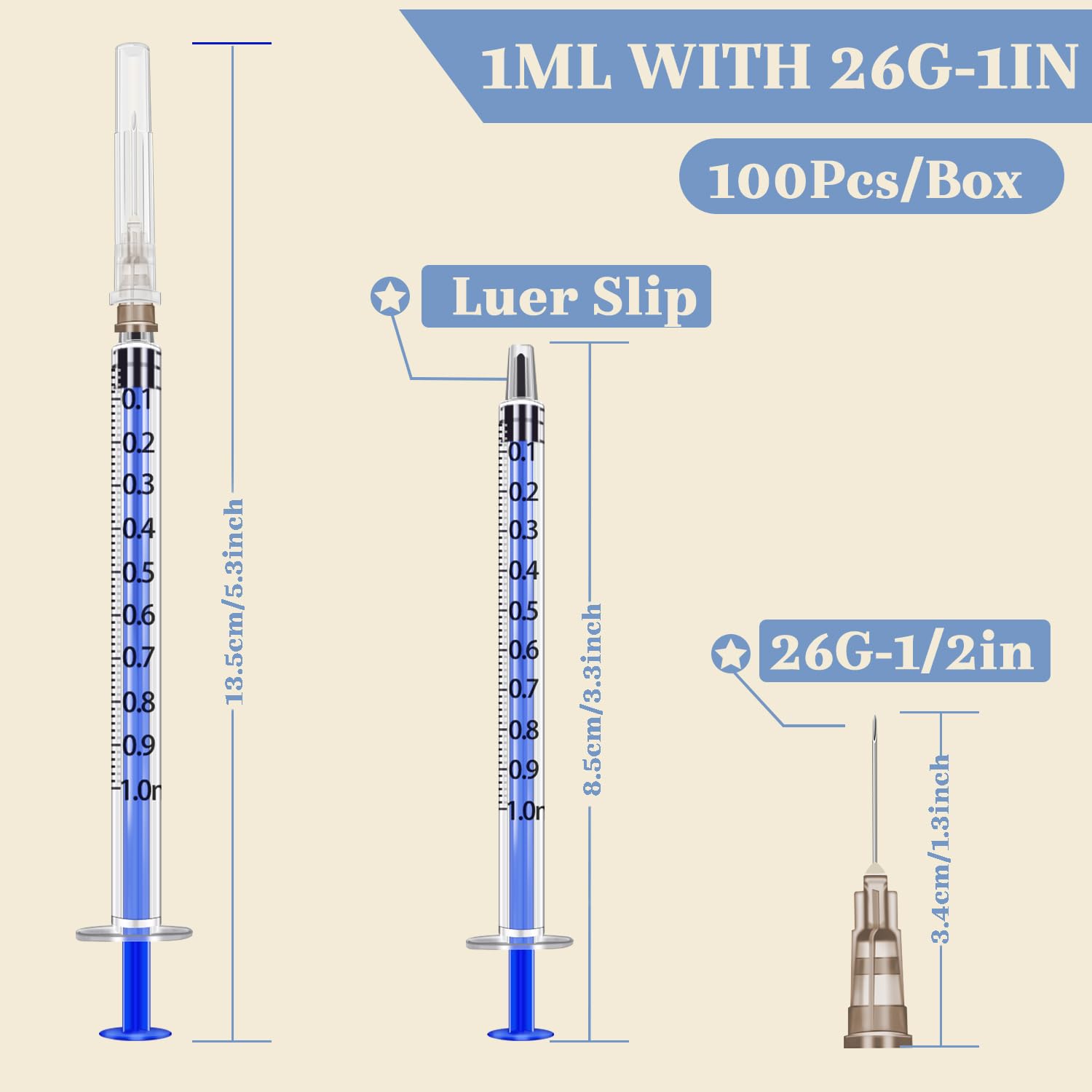 Jiaxix 1ml 26 G 1/2inch Lab Supplies 100Pack Individually Packaged