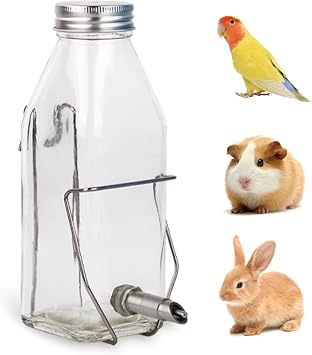 Guinea Pig & Rabbit Water Bottle, 350ml No-Drip Chew-Proof Glass Dispenser with Stainless Steel Nozzle for Hamster, Squirrel, Bird, Guinea Pig Cage 350-H