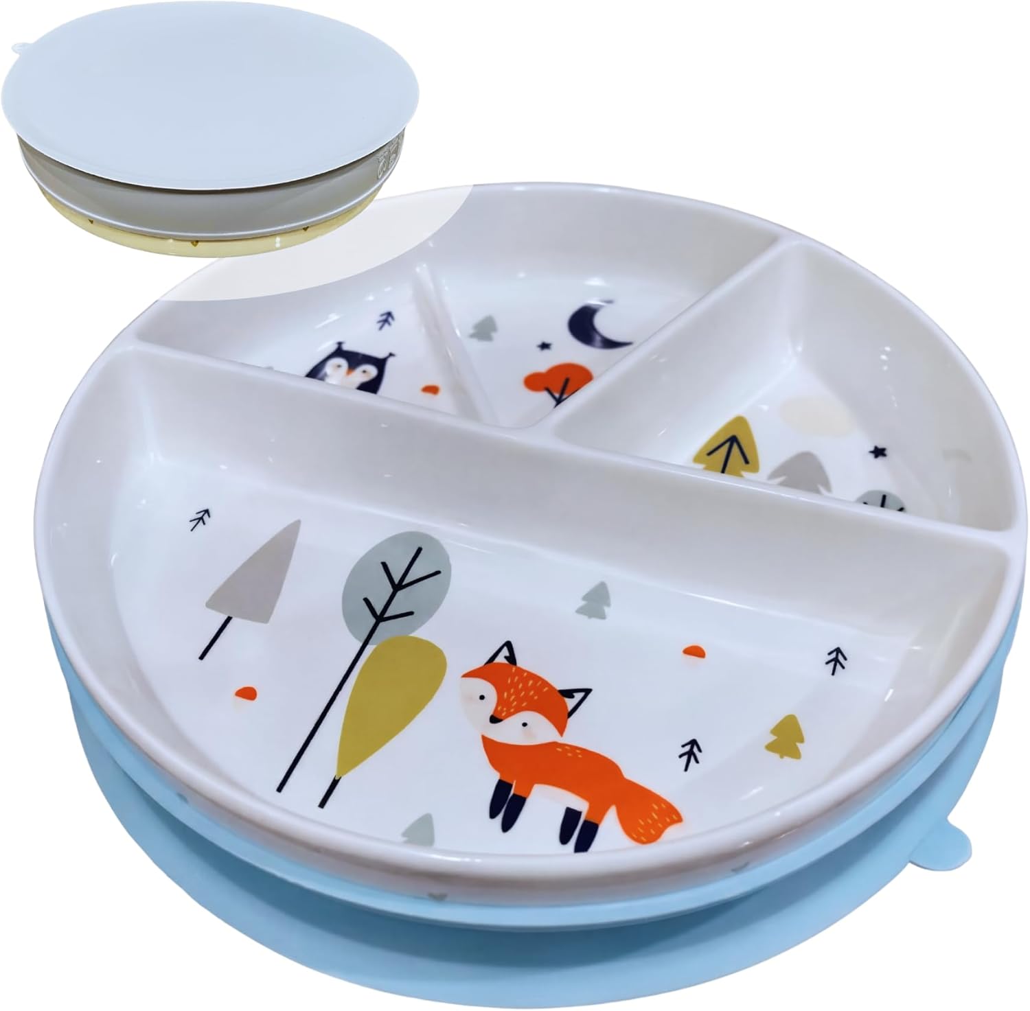 Non-Toxic Divided Ceramic Toddler Plate with Silicone Lid & Non-Slip Base, 8 Inch Microwave & Dishwasher Safe Porcelain Dish for Babies, Kids, Animal Design