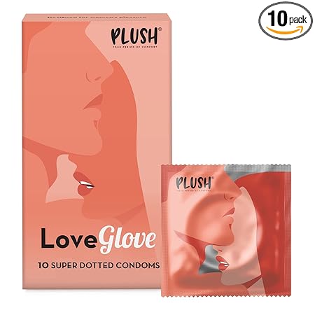 Plush LoveGlove Extra Super Dotted Condoms For Men, Unflavoured - 10 Count | Naturally Sourced Latex For Sensitive Skin | Designed For Comfortable Fit, No Benzocaine, Vegan