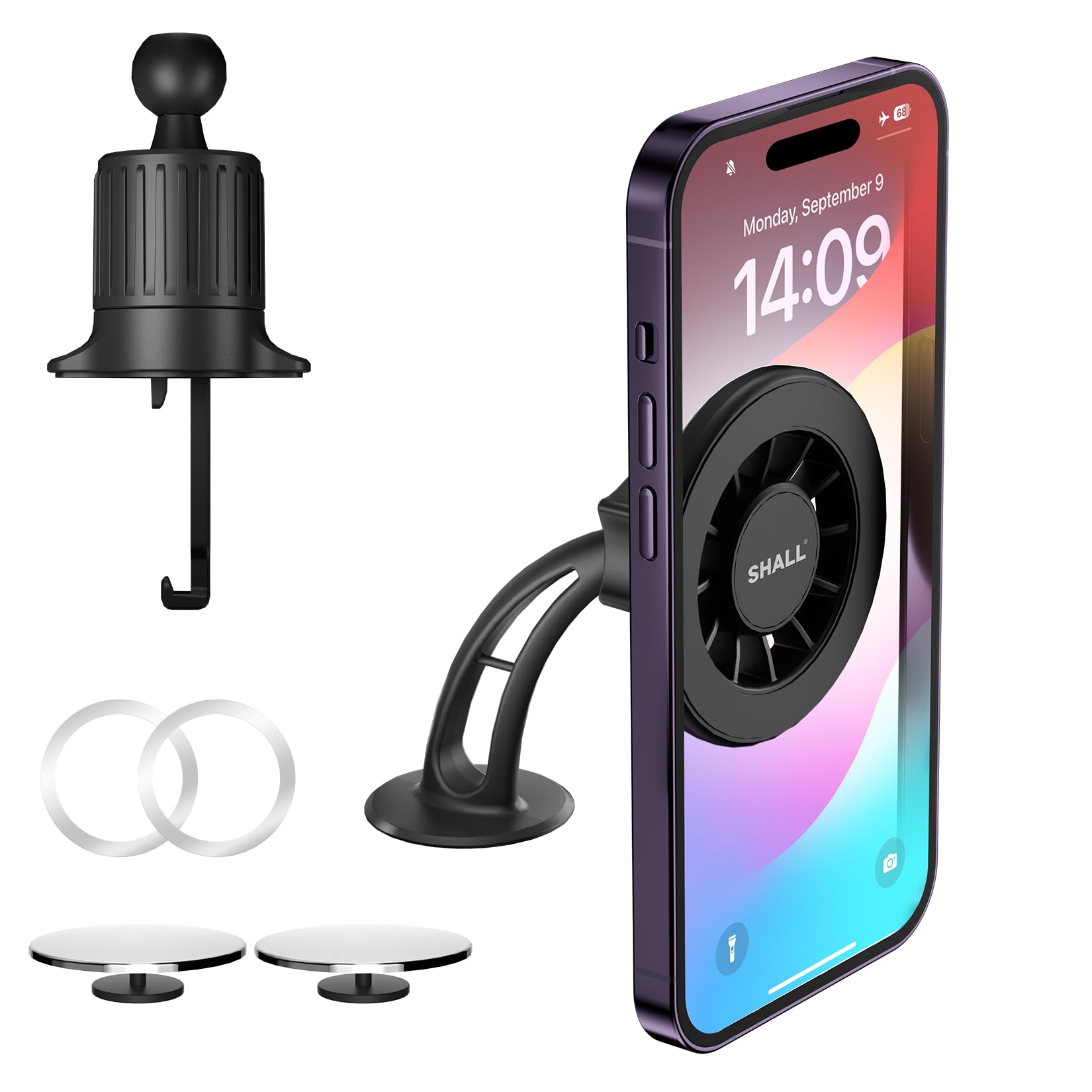 Shall Soporte magnético de 360° para Coche, Soporte magnético para teléfono y Espejo de Punto Ciego con un Anillo para MagSafe, para iPhone 16, 15, 14, 13, 12 Series