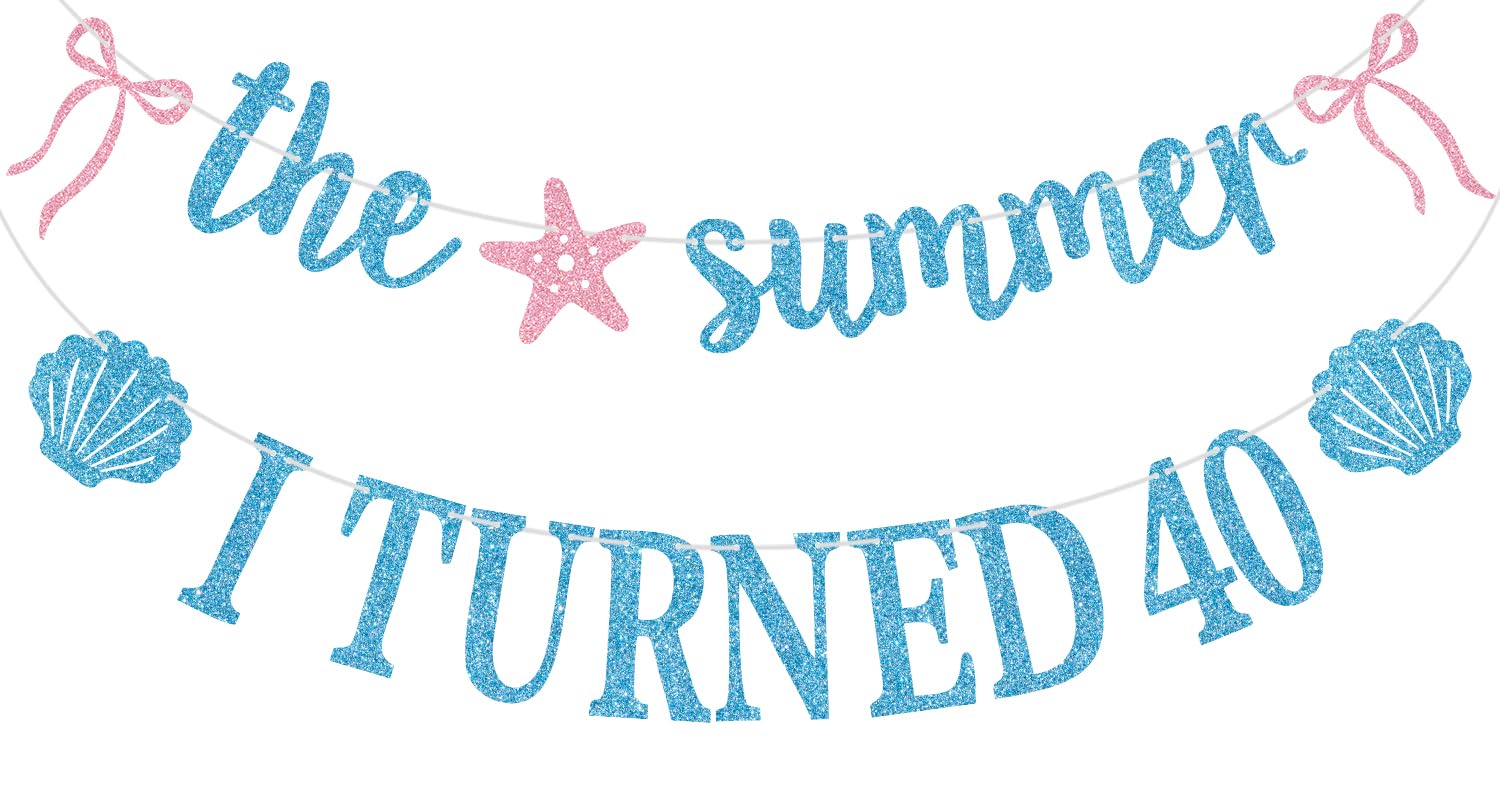 Blue Glitter Glitter the Summer I Turned 40 Banner, Hawaiian Summer Tropical Birthday Decor, Shell Starfish Themed 40th Birthday Party Decorations Supplies — image 1