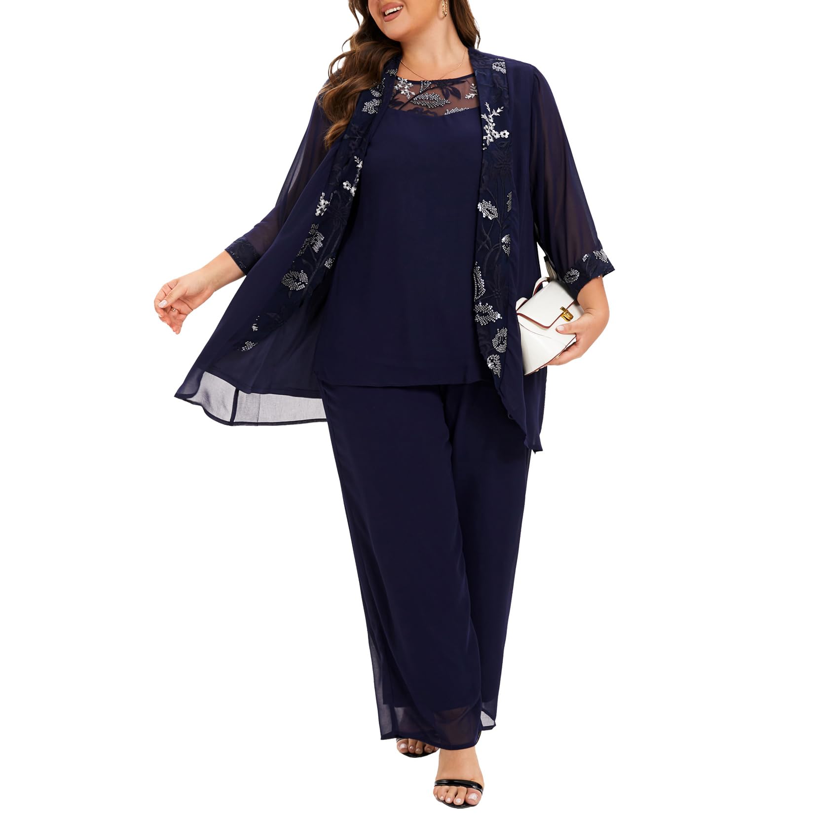3 Piece Mother of The Bride Pant Suits Plus Size Chiffon Sets Embroidered Laces Wedding Guest Outfit with
