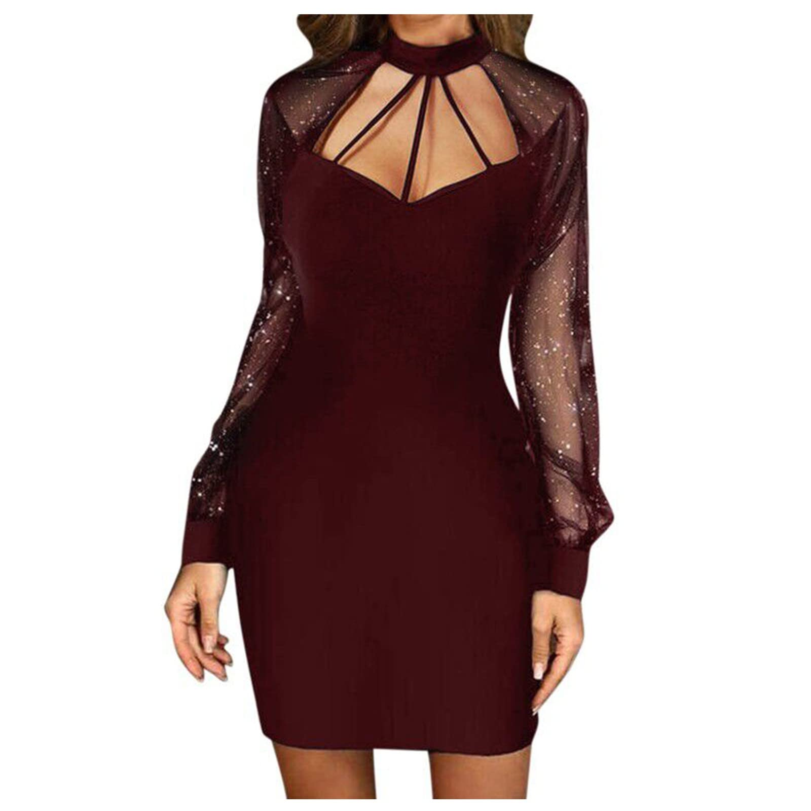 Womens Elegant Midi Dress Women's Sexy Cocktail Party Gowns O Neck Mesh  Long Sleeve Lace Mini Dress Bodycon Sheath Dresses Ladies Summer Casaul  Sheer