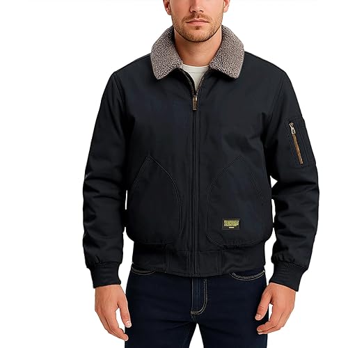 Men's Sherpa Lined Work Jacket Winter Warm Bomber Coat Outdoor Zip Up Canvas Utility Casual Outerwear