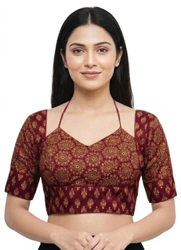 Printed Designer Saree Blouse for Women | V Neck Back Tie-Up Readymade Ethnic Blouse for Festive Ready Size 38-image-36