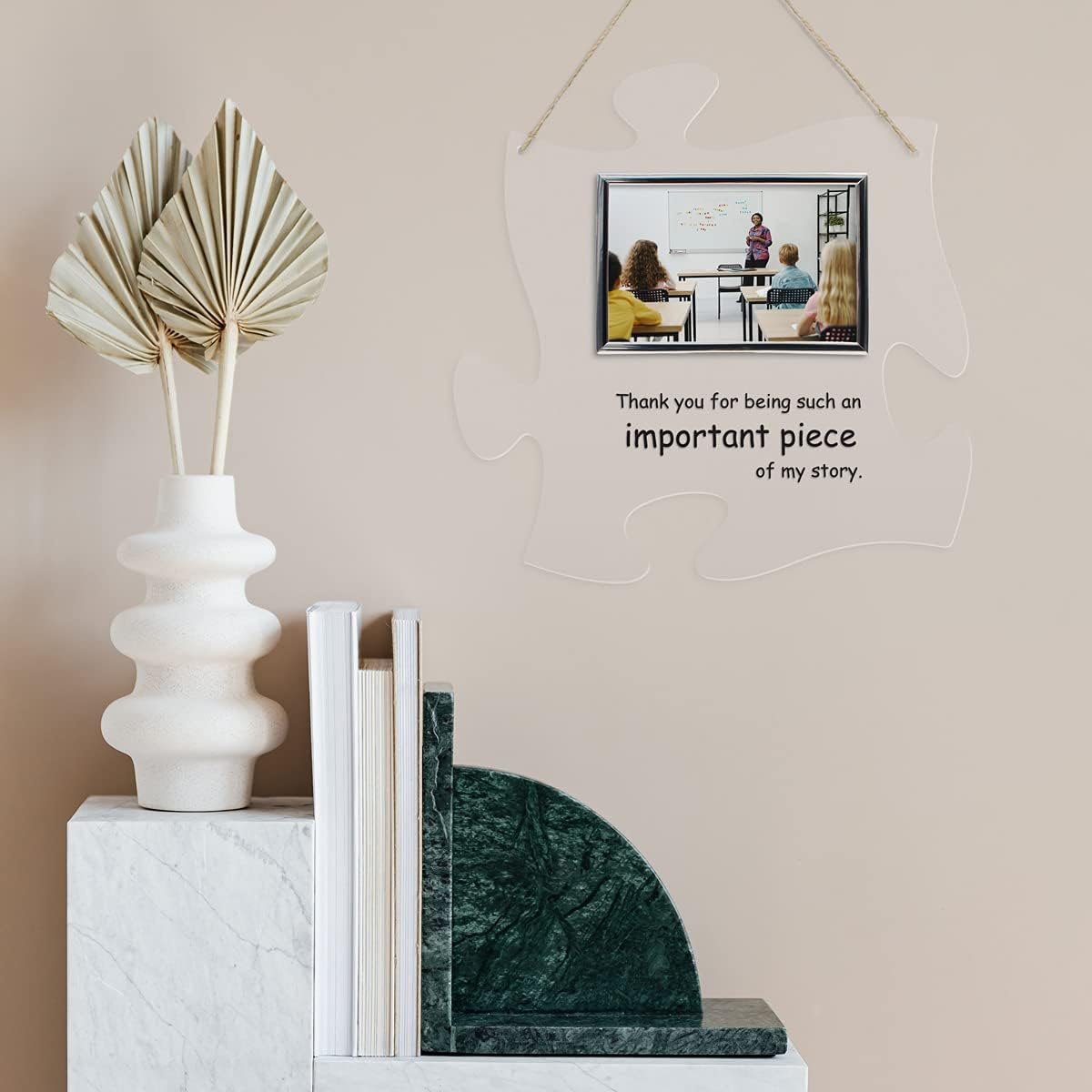 PlaqueMaker Thank You For Being A Piece Of My Story - Hanging Modern Acrylic Puzzle Piece Sign with 6 x 4 Picture Frame - A Great Teacher, Mentor, Or Leader Gift (Clear Acrylic with Silver Frame)